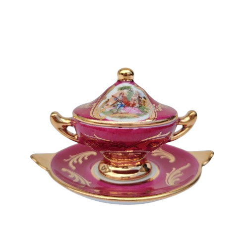 Limoges Fragonard Porcelain Gold Trimmed Miniature Soup Tureen on Plate