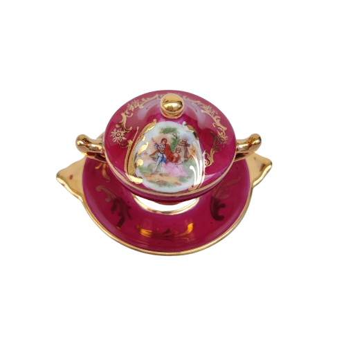 Limoges Fragonard Porcelain Gold Trimmed Miniature Soup Tureen on Plate