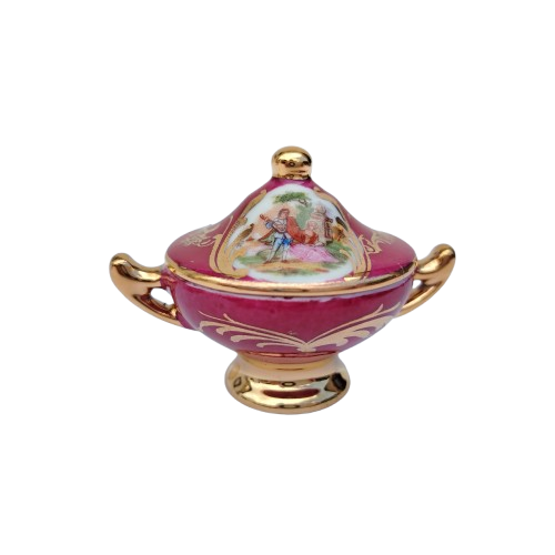 Limoges Fragonard Porcelain Gold Trimmed Miniature Soup Tureen on Plate
