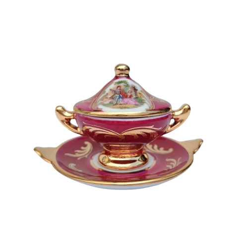 Limoges Fragonard Porcelain Gold Trimmed Miniature Soup Tureen on Plate