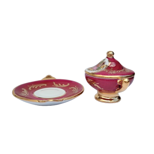Limoges Fragonard Porcelain Gold Trimmed Miniature Soup Tureen on Plate