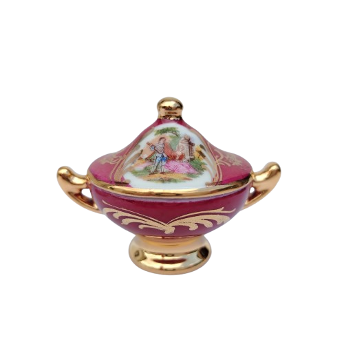 Limoges Fragonard Porcelain Gold Trimmed Miniature Soup Tureen on Plate