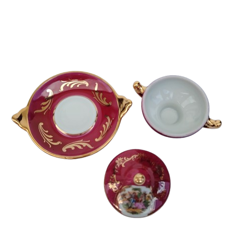 Limoges Fragonard Porcelain Gold Trimmed Miniature Soup Tureen on Plate