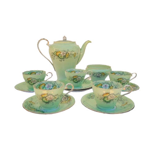 Aynsley Pale Green with Flowers Gold Trim Tea Set