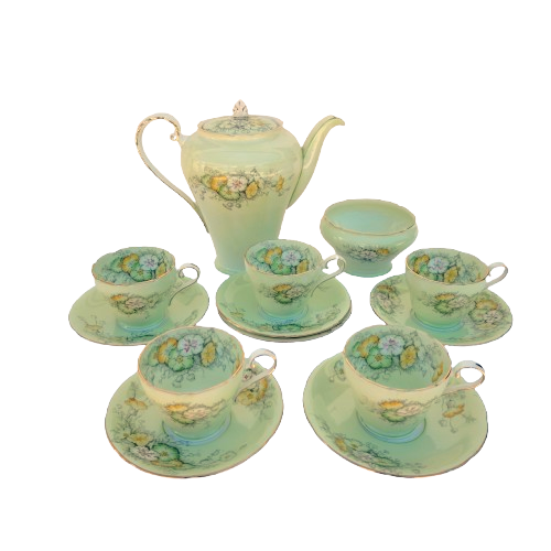 Aynsley Pale Green with Flowers Gold Trim Tea Set