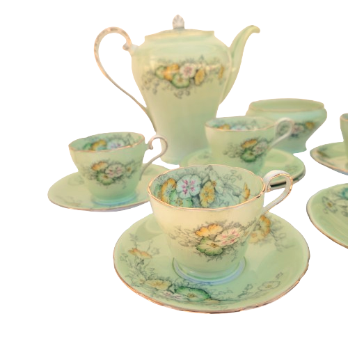 Aynsley Pale Green with Flowers Gold Trim Tea Set