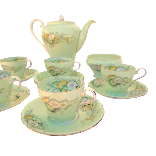 Aynsley Pale Green with Flowers Gold Trim Tea Set