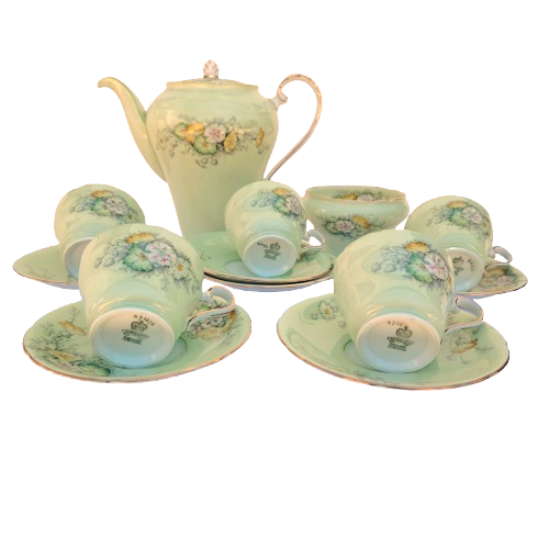 Aynsley Pale Green with Flowers Gold Trim Tea Set