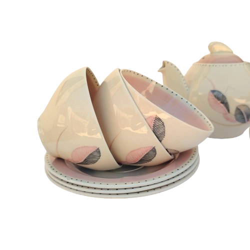 Susie Cooper Tea for Three Tea Set Pink Feathers