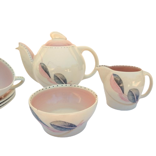 Susie Cooper Tea for Three Tea Set Pink Feathers