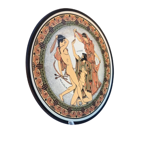 Terracotta Display Plate Souvenir Greek Tityos, three nude mythological figures
