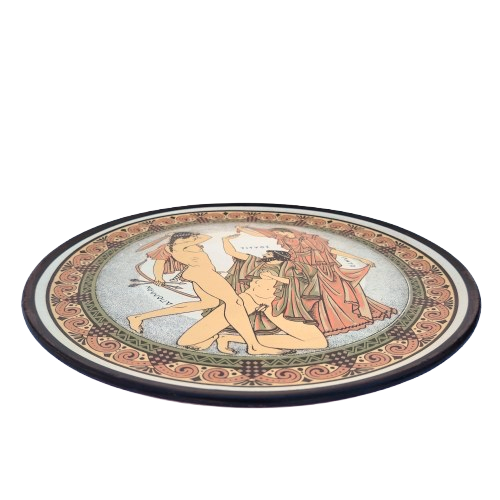 Terracotta Display Plate Souvenir Greek Tityos, three nude mythological figures