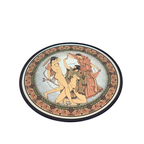 Terracotta Display Plate Souvenir Greek Tityos, three nude mythological figures