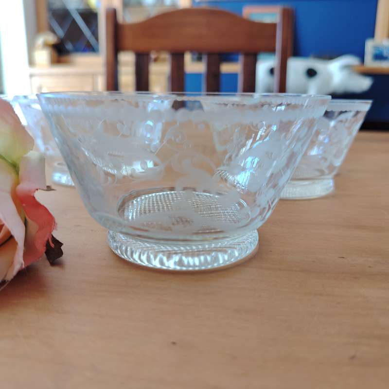 Five Vintage Crystal Etched Berry Dishes
