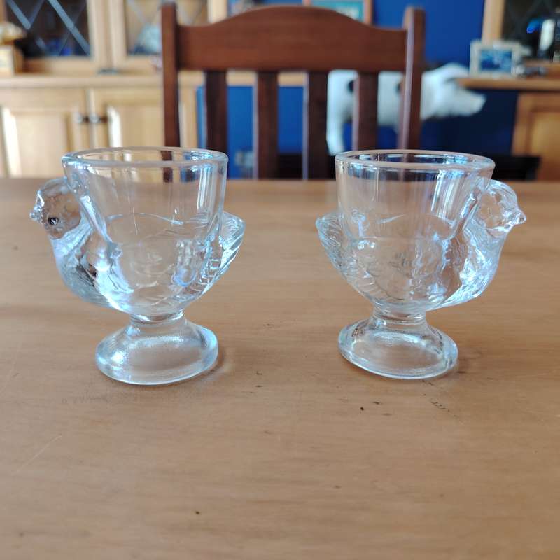 Vintage Pair Luminarc France Clear Glass Egg Cups Hen