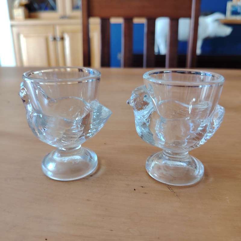 Vintage Pair Luminarc France Clear Glass Egg Cups Hen