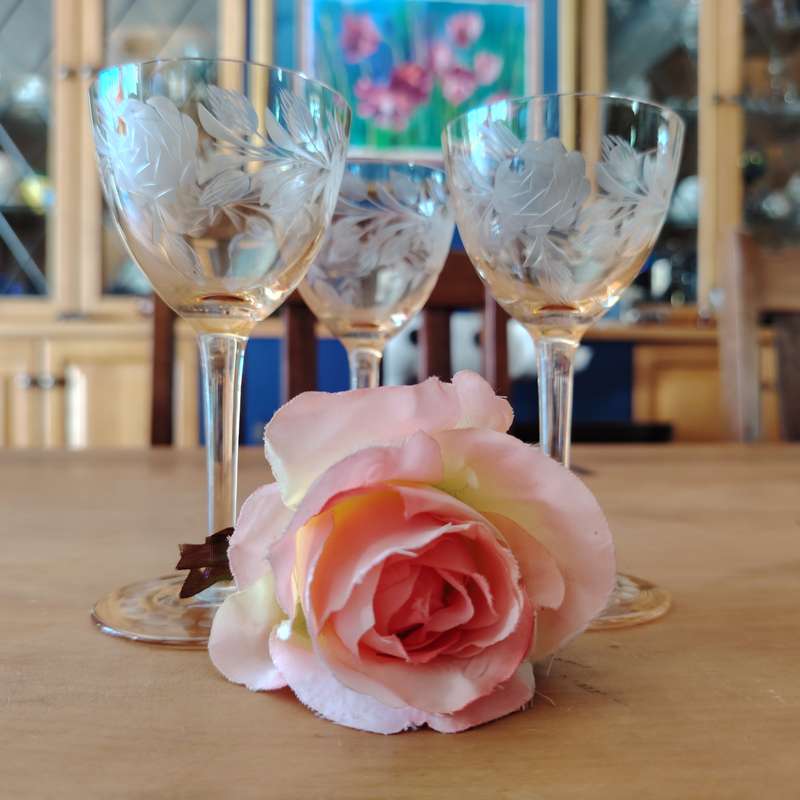 Vintage Etched Pink Optic Glass Wine Sherry Glasses