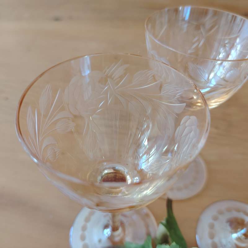 Vintage Etched Pink Optic Glass Wine Sherry Glasses