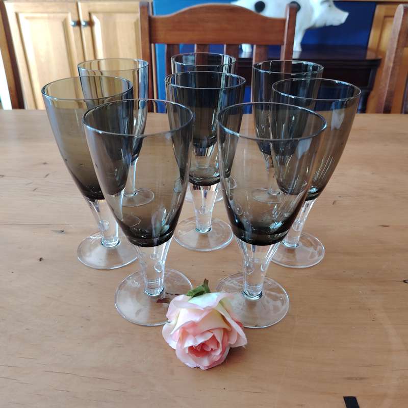 Gorgeous set of 8  Debutante Gray blown glass wine/water glasses