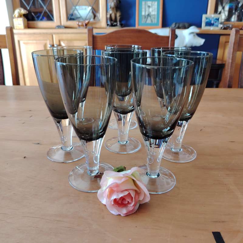 Gorgeous set of 8  Debutante Gray blown glass wine/water glasses