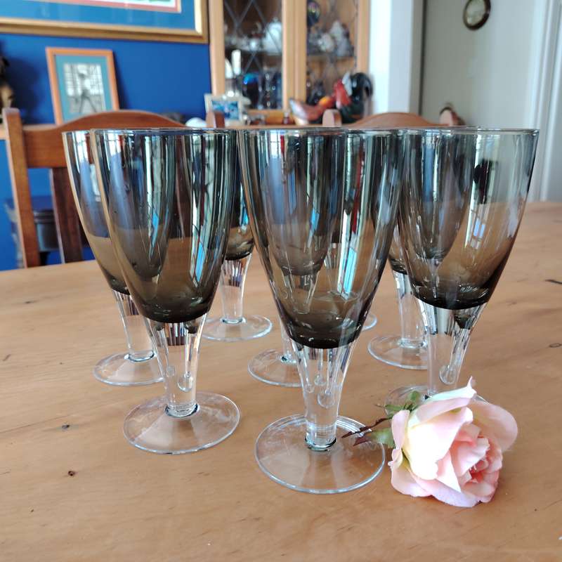 Gorgeous set of 8  Debutante Gray blown glass wine/water glasses
