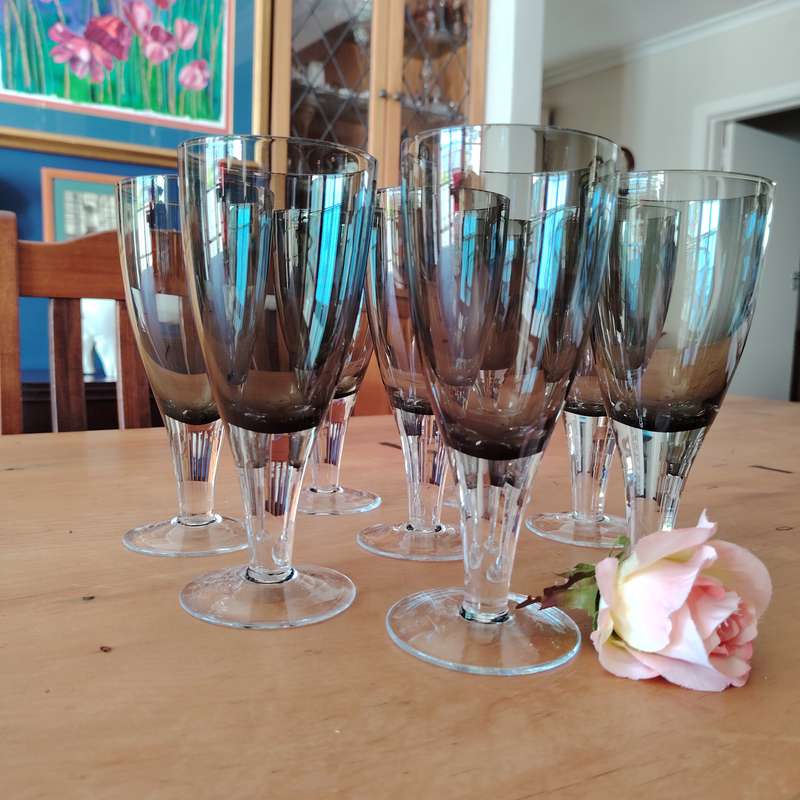Gorgeous set of 8  Debutante Gray blown glass wine/water glasses