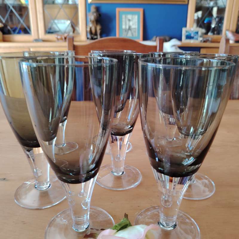 Gorgeous set of 8  Debutante Gray blown glass wine/water glasses