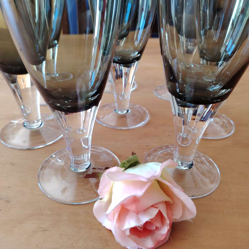 Gorgeous set of 8  Debutante Gray blown glass wine/water glasses