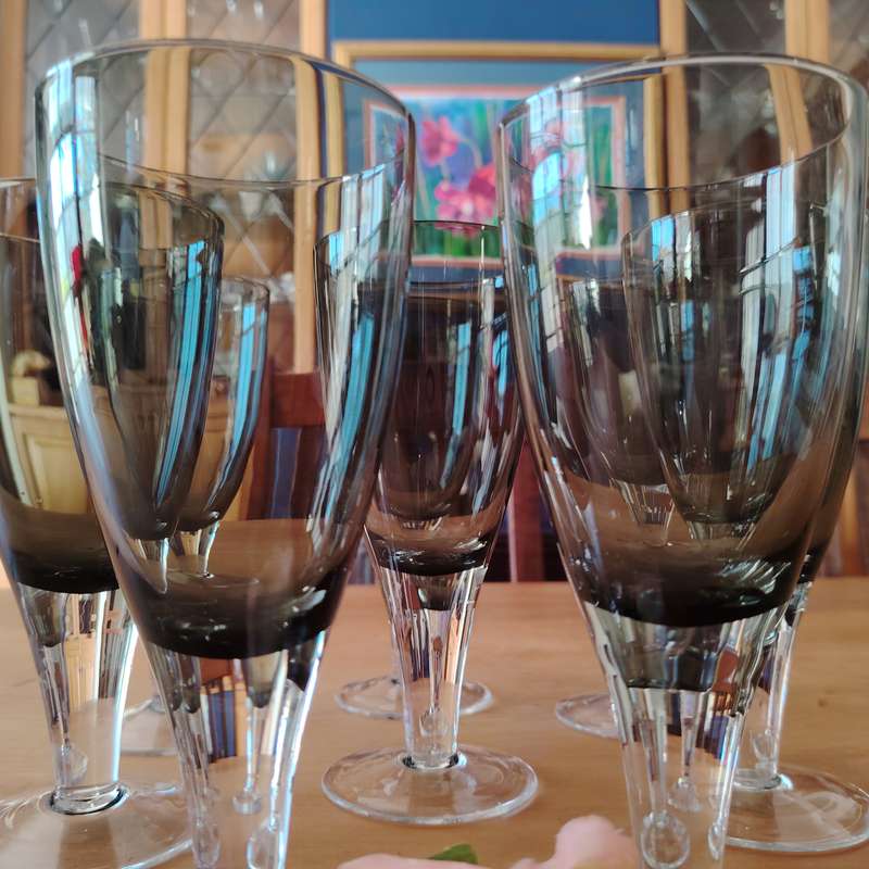 Gorgeous set of 8  Debutante Gray blown glass wine/water glasses