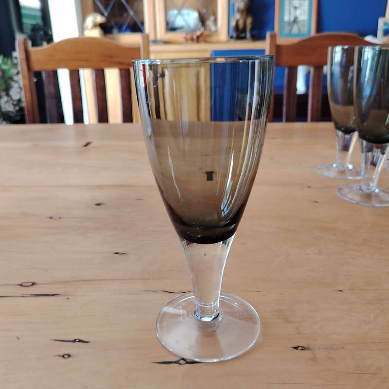 Gorgeous set of 8  Debutante Gray blown glass wine/water glasses
