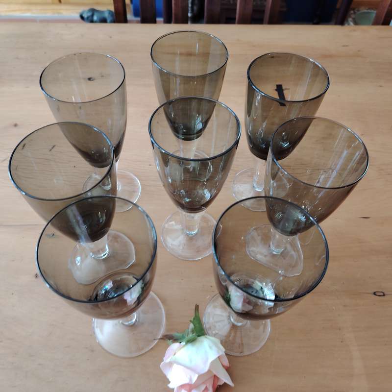 Gorgeous set of 8  Debutante Gray blown glass wine/water glasses