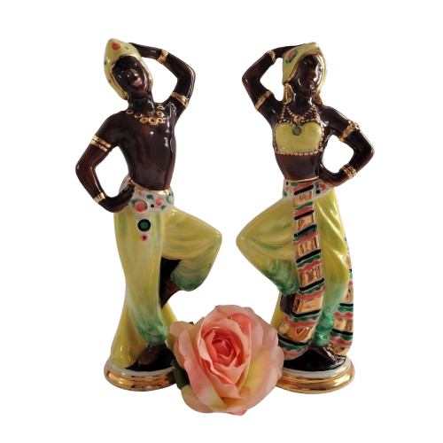 Pair of Ceramic Hand Painted Dancers with Gold Detail