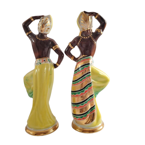Pair of Ceramic Hand Painted Dancers with Gold Detail