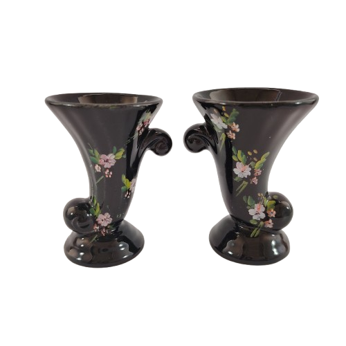 Pair of very pretty black rose miniature Cornucopia vases,