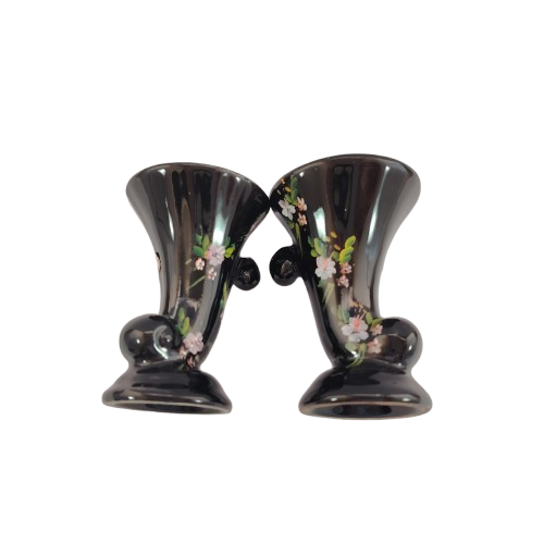 Pair of very pretty black rose miniature Cornucopia vases,
