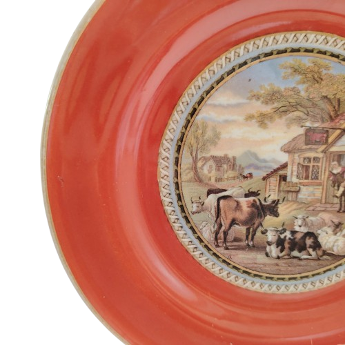Early Prattware Plate The Red Bull Inn with cattle and sheep