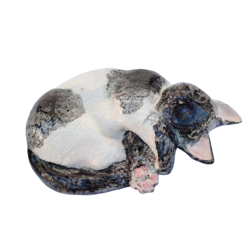 Large Sleeping Black and White Tabby Ceramic Cat