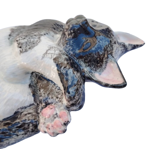 Large Sleeping Black and White Tabby Ceramic Cat