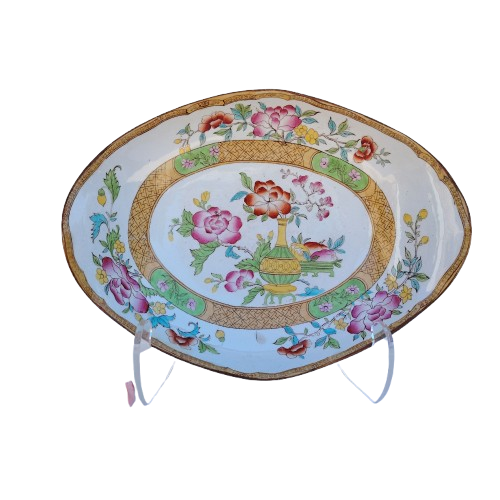 Antique Cauldon Bowl Dish,rare Pattern Yellow Gold Bottle & Floral Pattern