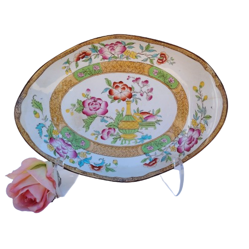 Antique Cauldon Bowl Dish,rare Pattern Yellow Gold Bottle & Floral Pattern