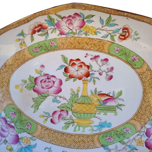 Antique Cauldon Bowl Dish,rare Pattern Yellow Gold Bottle & Floral Pattern