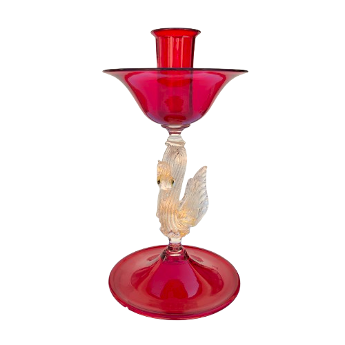 Murano Mid Century Glass Pair Candle Holders Red Glass with Gold Leaf
