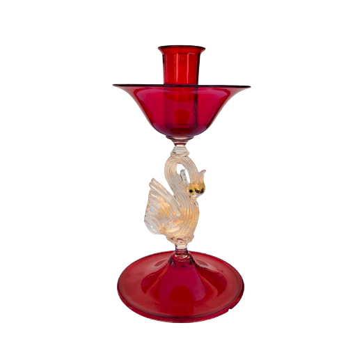 Murano Mid Century Glass Pair Candle Holders Red Glass with Gold Leaf