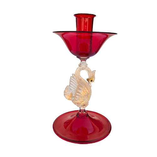 Murano Mid Century Glass Pair Candle Holders Red Glass with Gold Leaf