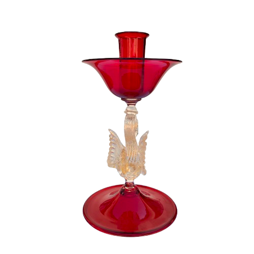 Murano Mid Century Glass Pair Candle Holders Red Glass with Gold Leaf