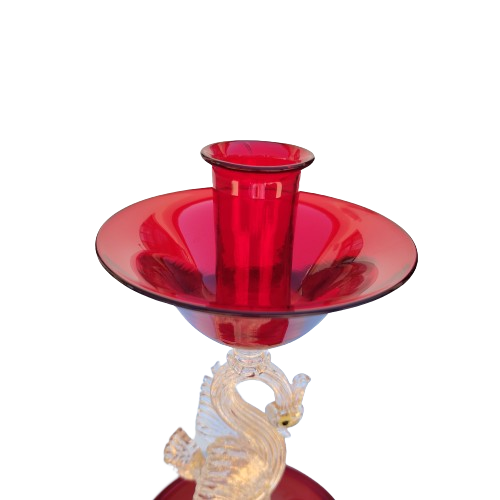 Murano Mid Century Glass Pair Candle Holders Red Glass with Gold Leaf