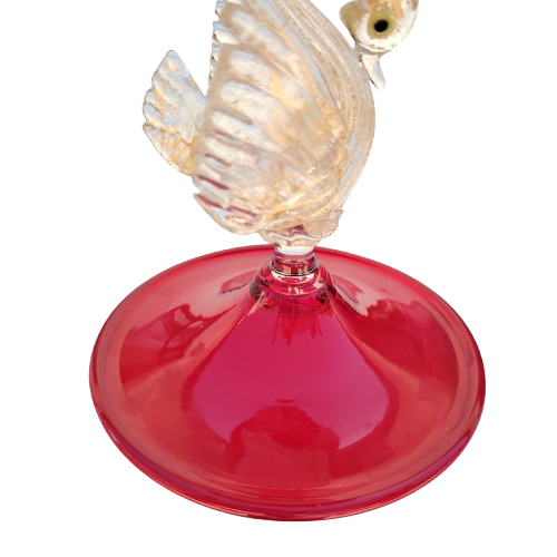Murano Mid Century Glass Pair Candle Holders Red Glass with Gold Leaf