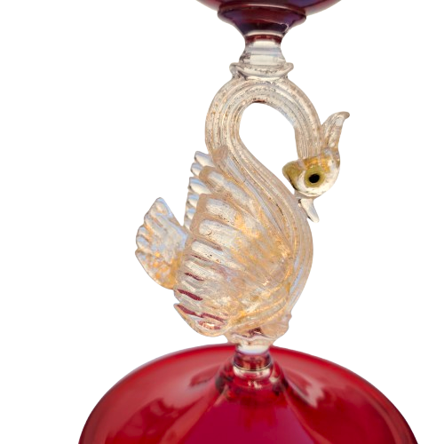 Murano Mid Century Glass Pair Candle Holders Red Glass with Gold Leaf