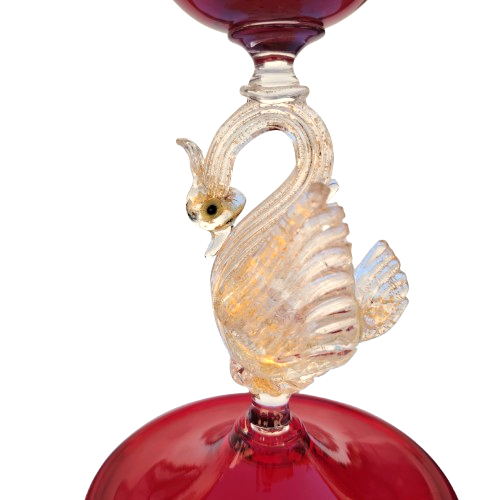 Murano Mid Century Glass Pair Candle Holders Red Glass with Gold Leaf