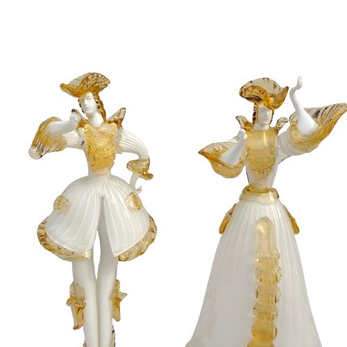 Mid Century Murano Art Glass Amber White Couple Goldoni Venetian Figurines